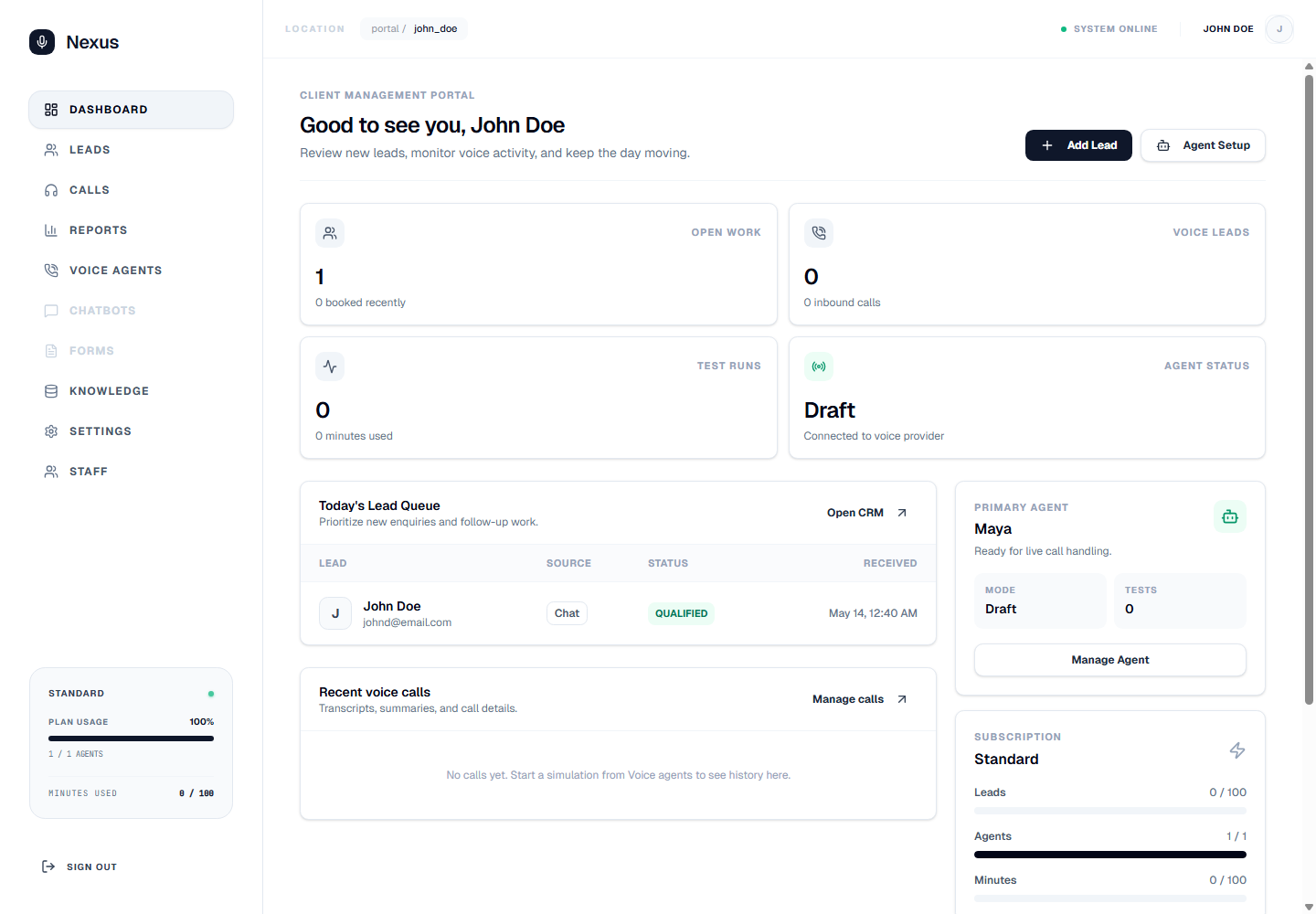 Nexus dashboard preview for managed call coverage, cleaner records, and staff follow-up