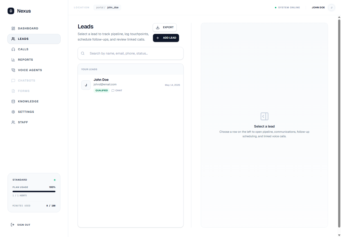 Nexus lead workspace showing structured lead capture, CRM fields, and follow-up status